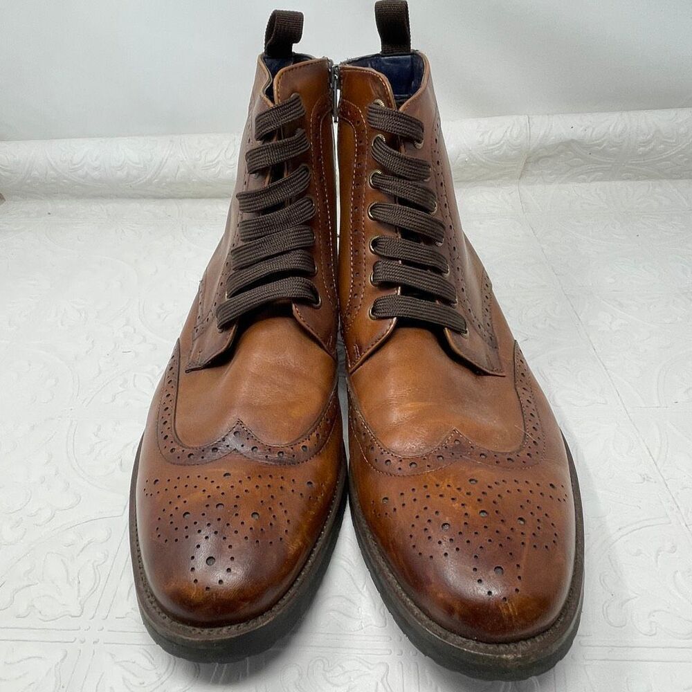 Steve Madden Brown Cognac Leather Lace Up Zip Wingtip Brogue Ankle Boots Size 11